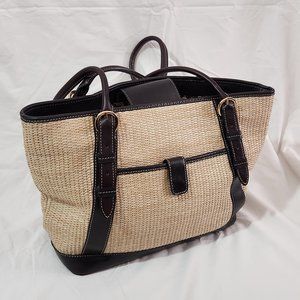 MAXX New York Raffia Straw Large Handbag Purse Double Handle Black